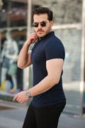 Erkek Hakim Yaka Dokuma Pamuklu Kumaş Kısa Kollu T-shirt resmi